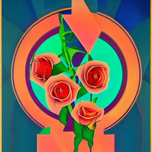 Image similar to an art deco painting of a rose, by joseph stella, synthwave, behance contest winner, crystal cubism, digital illustration