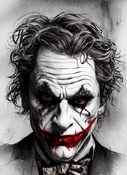 Image similar to portrait, Victorian Era Joker, watercolor, dramatic lighting, cinematic, establishing shot, extremly high detail, foto realistic, cinematic lighting, pen and ink, intricate line drawings, by Yoshitaka Amano, Ruan Jia, Kentaro Miura, Artgerm, post processed, concept art, artstation, matte painting, style by eddie mendoza, raphael lacoste, alex ross