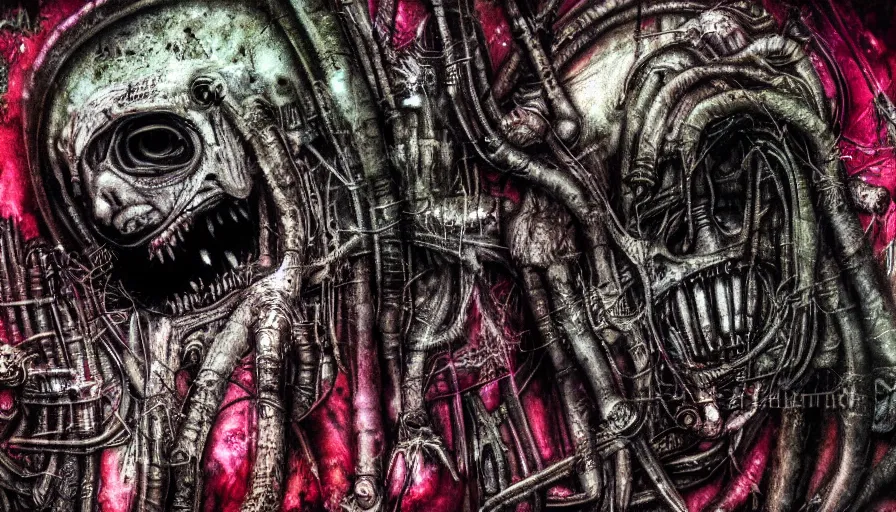 Image similar to h. r. giger, sorrow intense likely, acid bleeding deep colors, sense of decay given, throw into the abyssal despair, various refining techniques, micro macro auto focus, top photography photo art gallery, realistic photo, insane detail