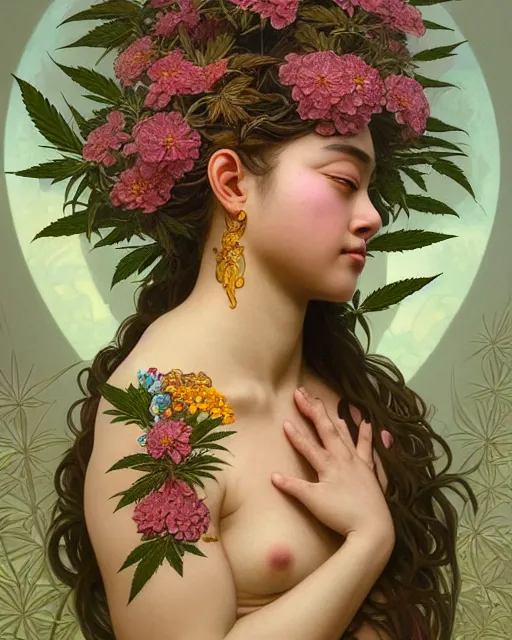 Prompt: portrait of goddess gaea, flowery face, upper body, decorated with cannabis flowers, traditional chinese art, intricate, elegant, highly detailed, digital painting, artstation, concept art, smooth, sharp focus, illustration, art by artgerm and greg rutkowski and alphonse mucha, 8 k