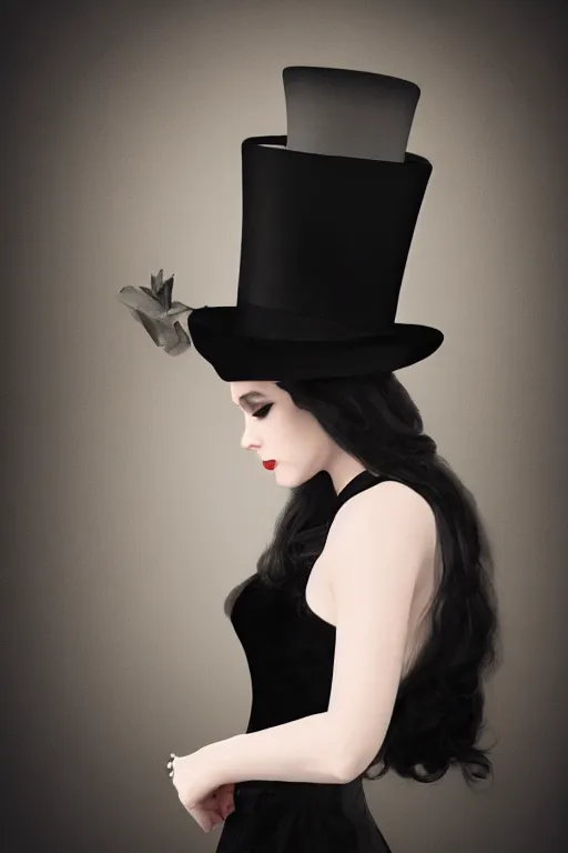 Image similar to elegant long hair lady wearing gentleman suit and tophat, mysterious, portrait, photorealism, noir, dark background