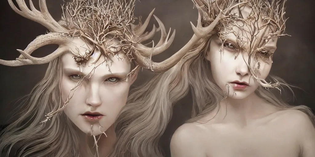 Prompt: hyperrealistic photography of a highly detailed and symmetrical gorgeous ice queen and porcelain antlers in the style of beth cavener, jin kagetsu, james jean and wlop, face symmetry, masterpiece, award - winning, sharp focus, intricate concept art, ambient lighting, 8 k, artstation