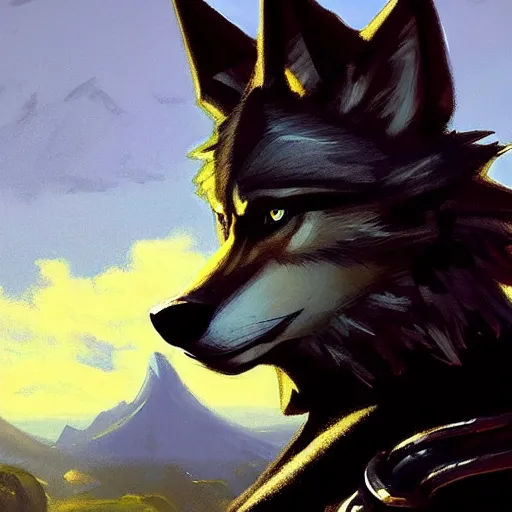 Image similar to an anthropomorphic wolf in a black doublet looking out over the hills, artstation hq, stylized, sharp focus, concept art, furaffinity fursona, furry, anthropomorphic, by gregory manchess and norman rockwell, rim lighting