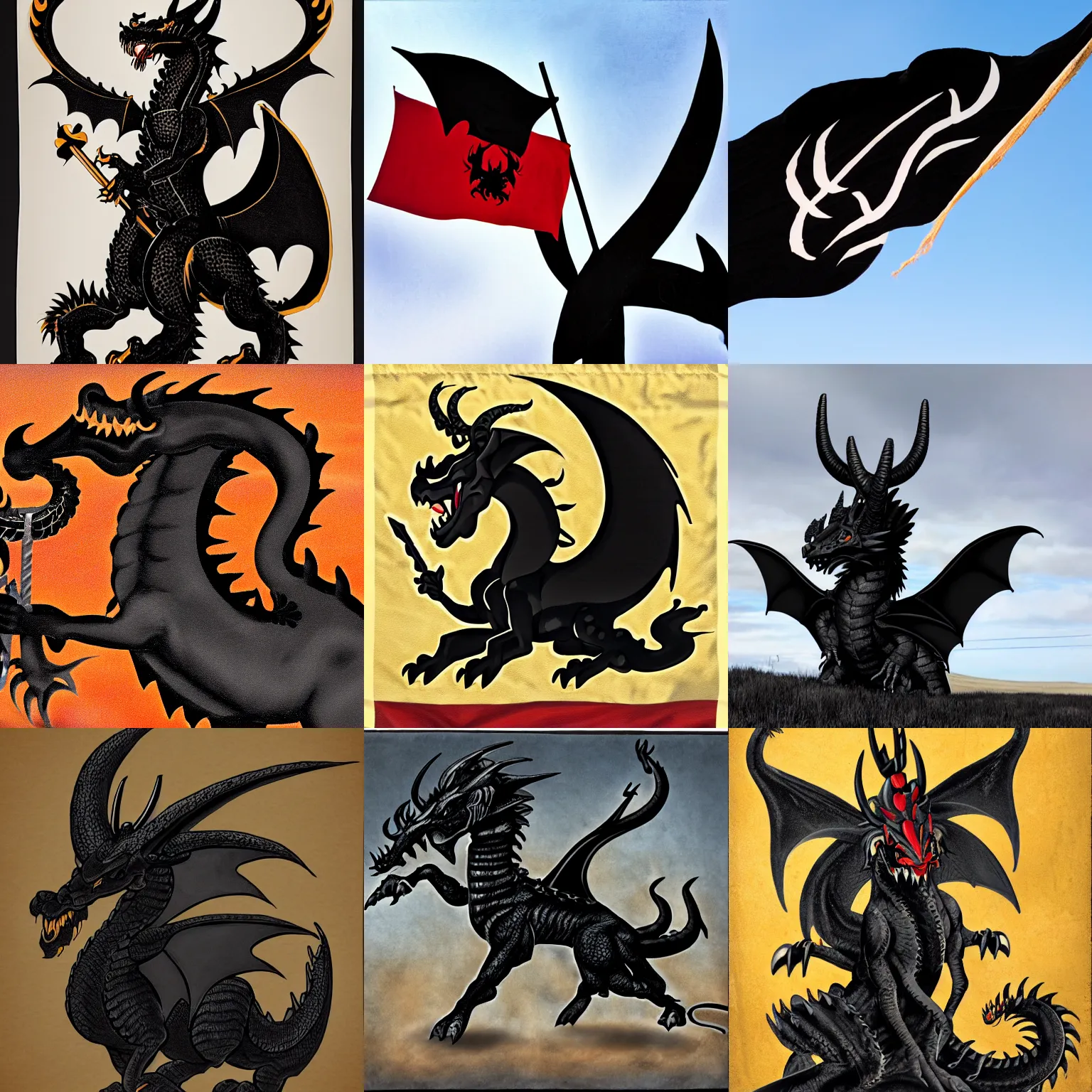 Image similar to a black western dragon with four horns waving a Haskell flag