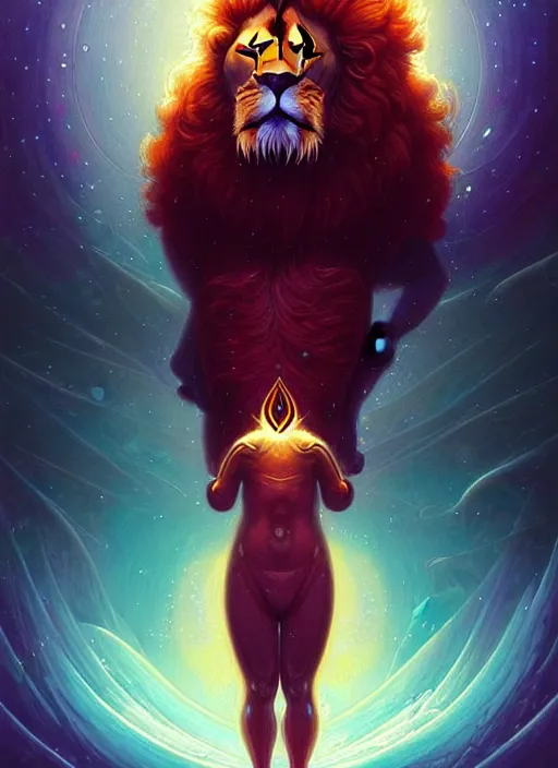 Image similar to symmetry!! leo the lion!!!! highly detailed, high contrast, light reflection, trippy, nebula, trending on art station by artgem, by peter mohrbacher, by wlop, by ruan jia