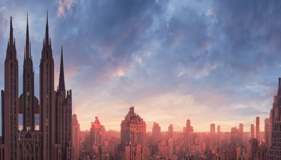 Prompt: Wide angle of Neo-Gothic New-York at sunset, volumetric light, hyperdetailed, artstation, cgsociety, 8k