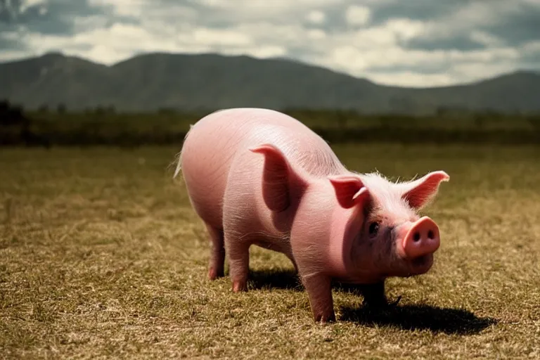 Image similar to movie scene closeup pig wearing a suit at a pidium. by emmanuel lubezki