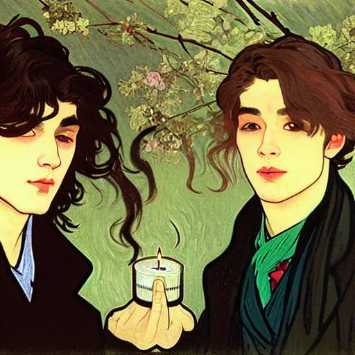 Image similar to painting of young cute handsome beautiful dark medium wavy hair man in his 2 0 s named shadow taehyung and cute handsome beautiful min - jun together at the halloween! party, bubbling cauldron!, candles!, smoke, autumn! colors, elegant, wearing suits!, clothes!, delicate facial features, art by alphonse mucha, vincent van gogh, egon schiele