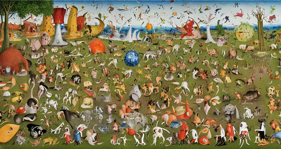 Prompt: The Garden Of Earthly Delights in the style of Richard Scarry, detailed oil painting children\'s illustration