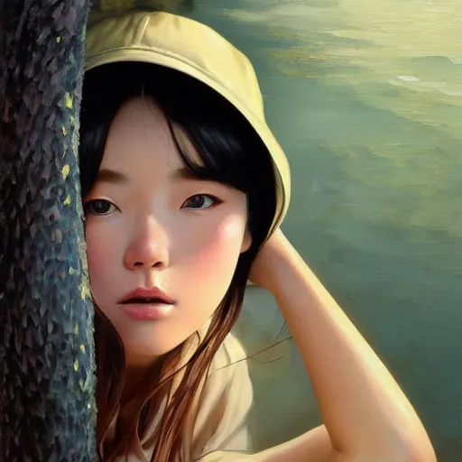 Image similar to oil painting by ilya kuvshinov,, chad knight, artgerm craig mullins, coby whitmore, of a youthful japanese girl, long hair, fishing and wearing fisherman's outfit, fisherman's hat, highly detailed, breathtaking face, studio photography, noon, intense bounced light, water reflection, large tree casting shadow, serine intense sunlight