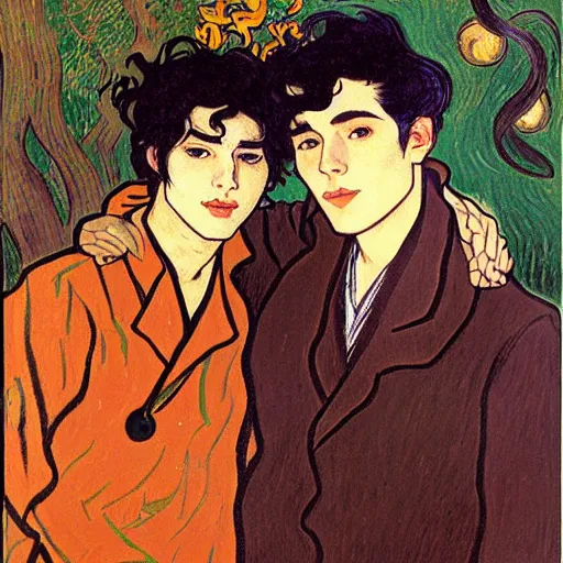 Image similar to painting of young cute handsome beautiful dark medium wavy hair man in his 2 0 s named shadow taehyung and cute handsome beautiful min - jun together at the halloween party, bubbling cauldron, candles, smoke, tarot, autumn colors, elegant, stylized, soft facial features, delicate facial features, art by alphonse mucha, vincent van gogh, egon schiele