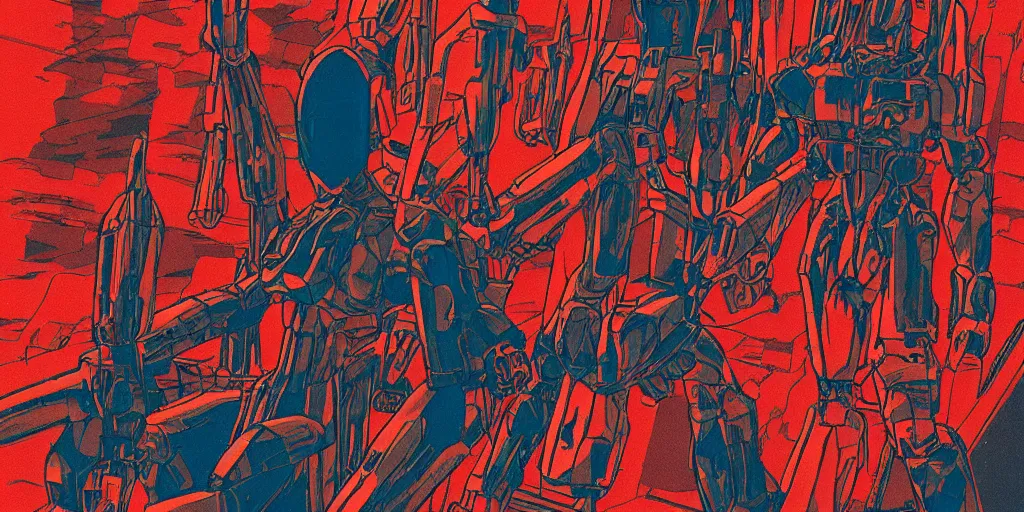 Image similar to a close - up grainy risograph of cyberpunk evangelion like giant mechas, transparent details, red swords, blue hour, by moebius and lehr paul