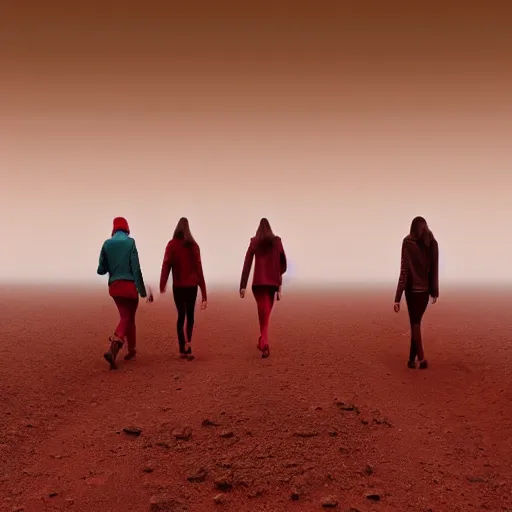 Prompt: 4 friends walking front view on foggy Mars red soil foggy image all wearing stylish futuristic clothing picture taken with 35 mm camera, intricate, 4k, hd, super detailed, realistic, award-winning picture