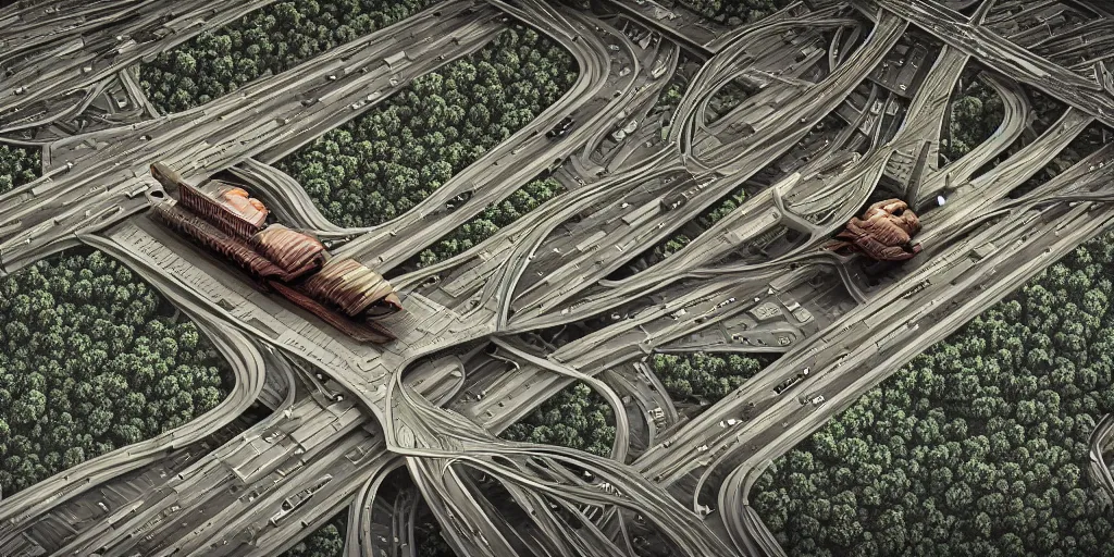 Image similar to cinematic still of hyper detailed highway realistic afro steampunk designed by frank lloyd wright architect, helicopters, deep perspective, wide angle, insanely detailed and intricate,