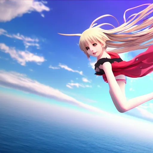 Prompt: a very beautiful and evil 3d anime girl flying over sea, unreal engine 5 4k render, hazler eyes, cute smile, trending on artstation, medium shot, long blonde hair