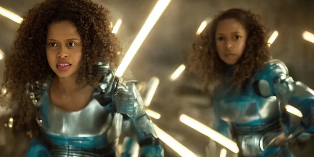 Prompt: wide angle movie stills of gugu mbatha - raw as sue storm in fantastic four movie using her iridescent particles force field powers while battling doctor doom, and an army of shapeshifter lizard like humanoids called the skrulls