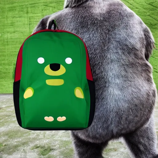 Image similar to big realistic bear standing on two legs, wearing green square backpack at his back, photo realistic, high detail, smooth