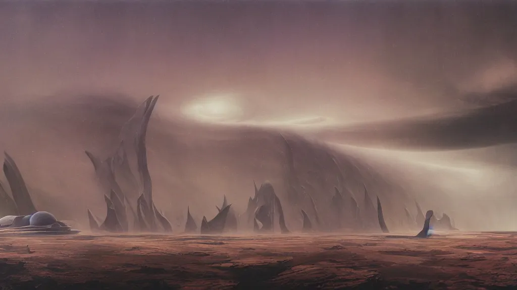 Image similar to otherworldly atmosphere of an alien planet by arthur haas and bruce pennington and john schoenherr, cinematic matte painting, zaha hadid building, 8 k realistic, stormy rainfall, dark moody colors