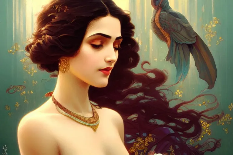 Image similar to sensual pale beautiful bengali girl, art deco portrait, elegant, intricate, digital painting, artstation, concept art, smooth, sharp focus, illustration, art by artgerm and greg rutkowski and alphonse mucha