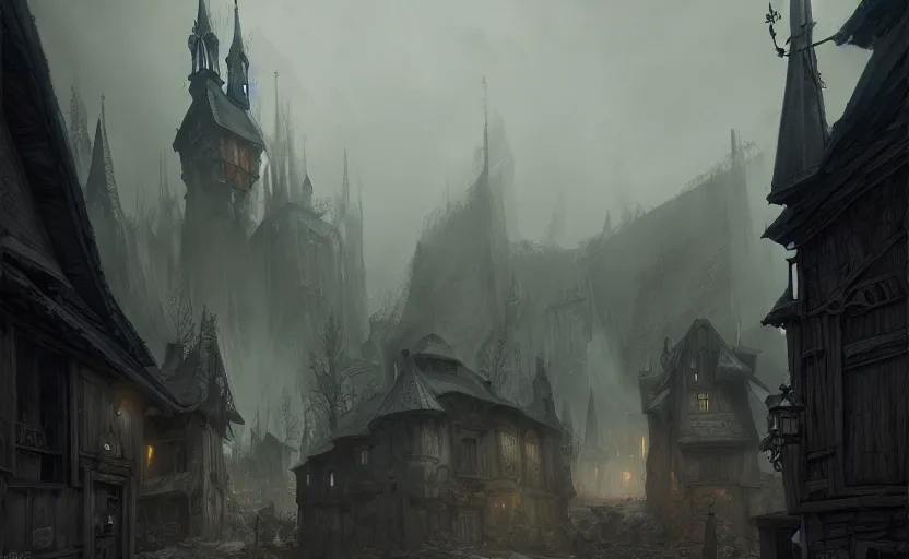 Image similar to epic concept art depicted an old medieval mystic town | art by jakub rebelka and thornton oakley and darek zabrocki and harvey dunn | dramatic mood, overcast mood, dark fantasy environment | trending on artstation, unreal engine, hyperreal movie shot