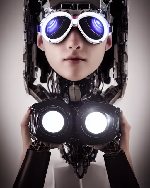 Image similar to centered portrait photo by bouguereau of female dancer as a cyberpunk mecha humanoid robotic parts wearing goggles with led lights, inside white room, ultra - realistic and detailed, long exposure, soft focus, hdr 8 k