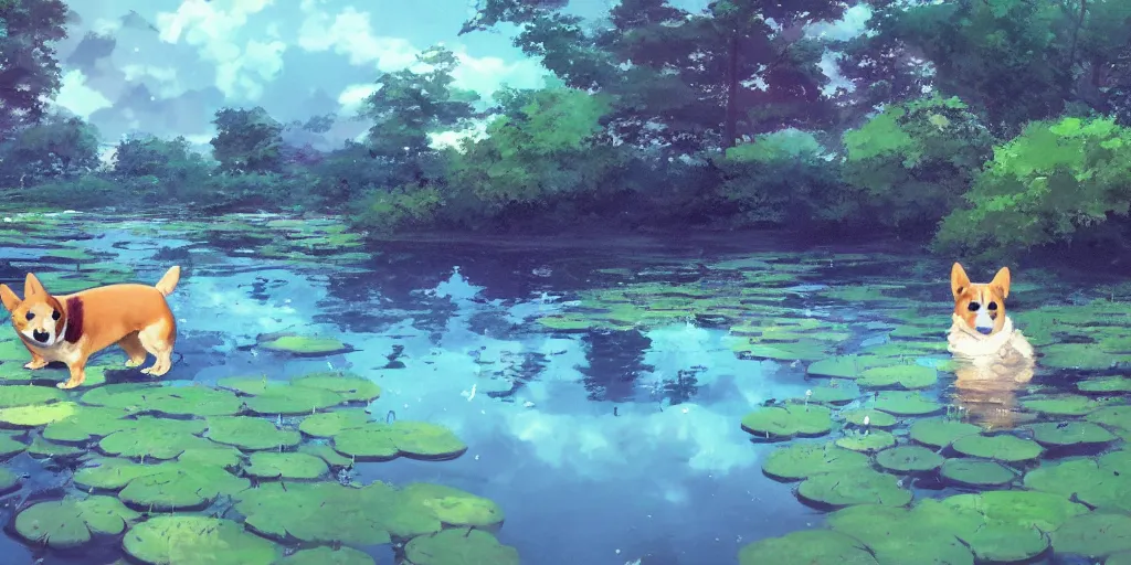 Image similar to A corgi by a pond, there is blue sky, there is water splash, the atmosphere is cheerful, the colors are bright, high picture quality, by Makoto Shinkai