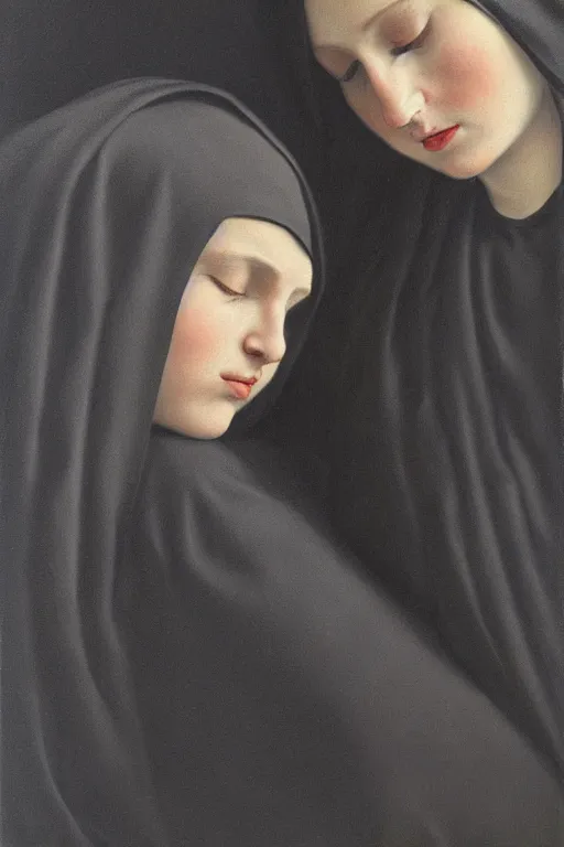 Prompt: hyperrealism portrait of two young beautiful nun sleeping, wearing hyper detailed black clothes, dark background, in style of classicism