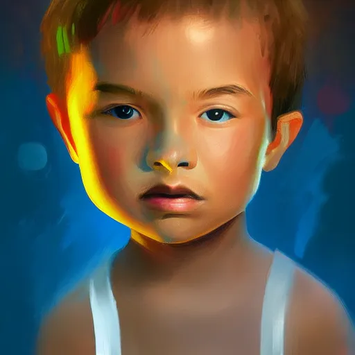 Prompt: kid with big head, digital painting, beautiful lighting