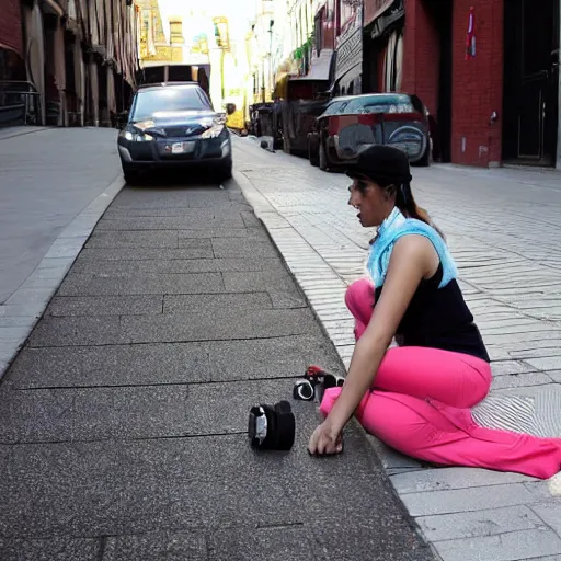 Prompt: a woman wearing a bandana taking a photograph on sidewalk