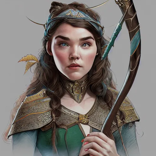 Image similar to Florence Pugh as a elf archer, cute, fantasy, intricate, elegant, highly detailed, centered, digital painting, artstation, concept art, smooth, sharp focus, illustration, art by artgerm and H R Giger and alphonse mucha