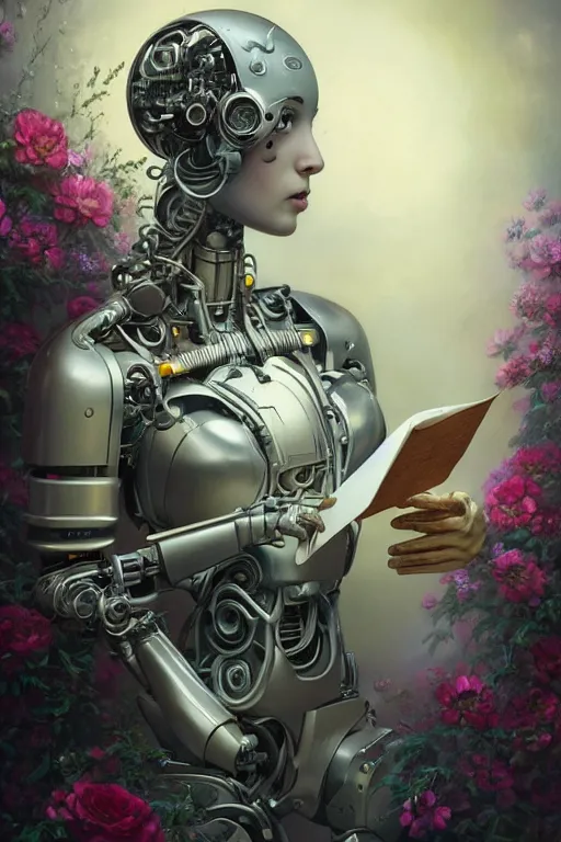 Image similar to a beautiful intricate fine art portrait photo of a happy futuristic cybernetic cyborg reading a letter, by tom bagshaw and anna dittman, perfection!, studio lighting, golden ratio composition, 5 0 mm lens, bionic robot overgrown with flowers, cybernetic scifi, deep depth of field, artstation, 8 k