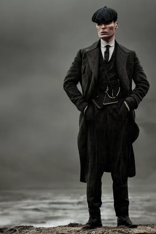 Prompt: Dramatic Full-body portrait of Cillian Murphy in Peaky Blinders standing, dramatic, gloomy, dark, bleak, cheerless, desolate, impressive, tragic, cinematic, dull colours, dark colour scheme, atmospheric