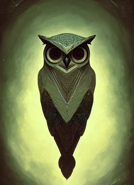 Image similar to portrait of a geometric owl, identical eyes, medium shot, illustration, full body made of white feathers, symmetrical, art stand, super detailed, cinematic lighting, and its detailed and intricate, gorgeous, by peter mohrbacher