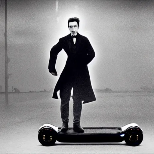 Image similar to nicolas tesla riding on a hoverboard with lighting coming off of it