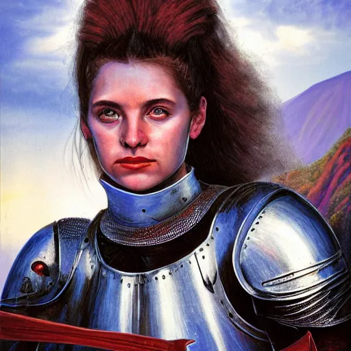Prompt: head and shoulders portrait of a female knight, portrait by jeff easley, dramatic lighting, volcanic waste background