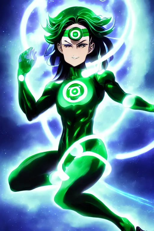 Image similar to anime key visual of a beautiful female green lantern, intricate, glowing accents, powers, glowing ring, speed, goddess, dc comics, cinematic, stunning, highly detailed, digital painting, artstation, smooth, hard focus, illustration, character concepts by senior concept artist