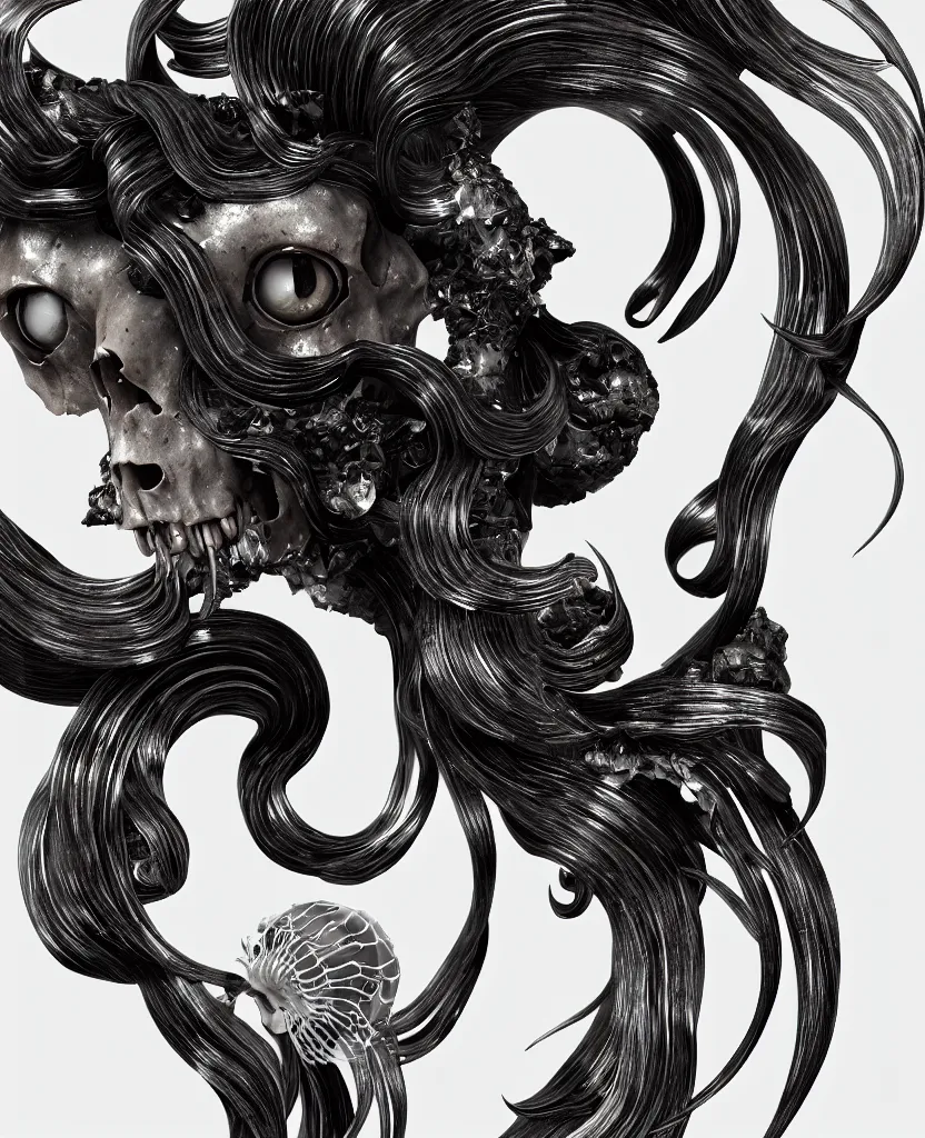 Image similar to goddess princess face close-up portrait ram skull. sculpture made of black stone with elements made of polished gold. jellyfish phoenix head, nautilus, orchid, skull, betta fish, bioluminiscent creatures, intricate artwork by Tooth Wu and wlop and beeple. octane render, trending on artstation, greg rutkowski very coherent symmetrical artwork. cinematic, hyper realism, high detail, octane render, 8k