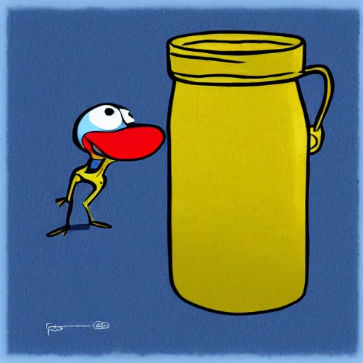 Prompt: digital art, a pixar ant throwing a glass jar of yellow liquid, color pencil sketch