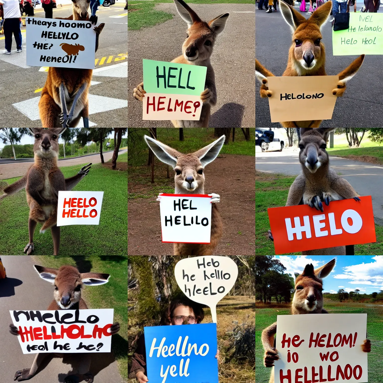 Prompt: <photo readable coherent>A kangaroo holding a sign that says Hello</photo>