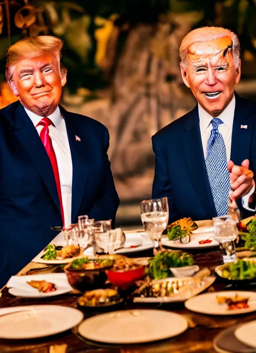 Image similar to Trump and Biden having dinner at a fancy Balinese restaurant, award winning photography, sigma 85mm Lens F/1.4, blurred background, perfect faces