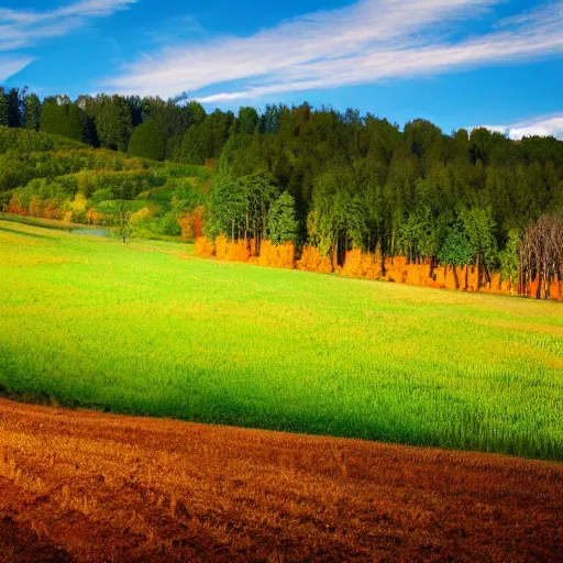 Prompt: a landscape picture of a forested farm in fall, trees with green and orange leaves, hills and valleys, picket fences, tilled dirt, crops growing, volumetric lighting, green grass, detailed, 4k, photography, realistic