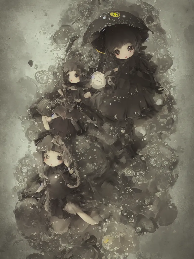 Prompt: cute fumo plush clockwork mechanical maiden girl, rainfall umbrella and big yellow boots splashing in foggy waters, tattered cursed sprawling gothic laced ruffled ribboned dress, meandering ferromagnetic vantablack boiling waters, thunderclouds rolling, deep milky focal depth, sepia, bokeh, decayed vignette with tears and dust, negative space, vray