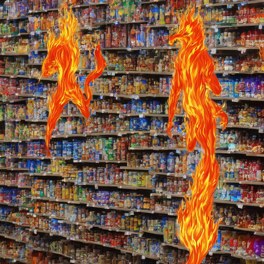 Prompt: an anthropomorphic flame spirit in a store contemplating which brand of water to buy while shopping, 4k digital art, highly detailed