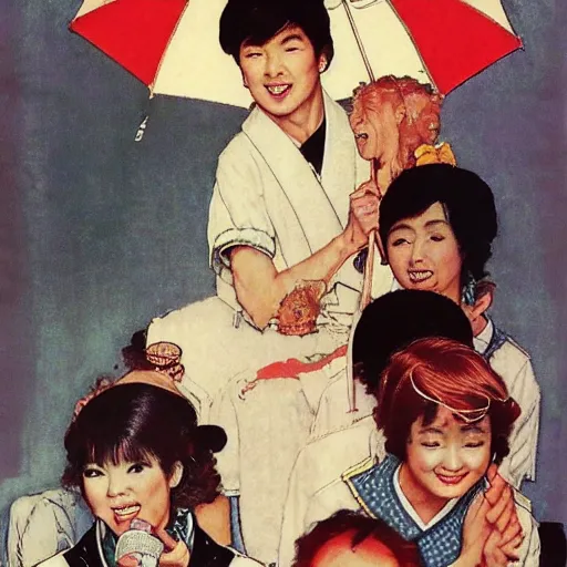 Image similar to A norman rockwell illustration about a japanese 1980 idol singer