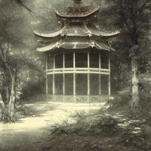 Image similar to old pavilion in the forest, by lang jingshan,