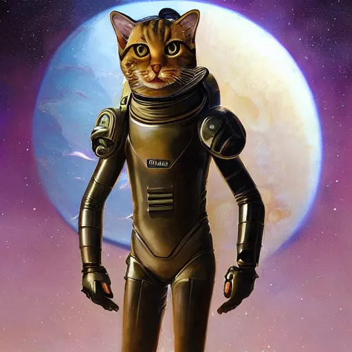 Prompt: kitty cat tabby spaceknight astronaut wearing a nanotech vest while standing next to a portal maxfield parrish cristi balanescu ross tran christophe young dug stanat jakub rebelka oil painting impasto