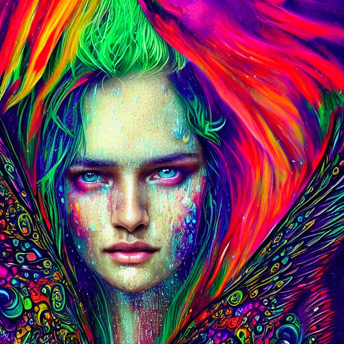 Image similar to bright psychedelic portrait with rain on face and wet hair, wings, smiling, diffuse lighting, fantasy, intricate, elegant, highly detailed, lifelike, photorealistic, digital painting, artstation, illustration, concept art, smooth, sharp focus, art by John Collier and Albert Aublet and Krenz Cushart and Artem Demura and Alphonse Mucha