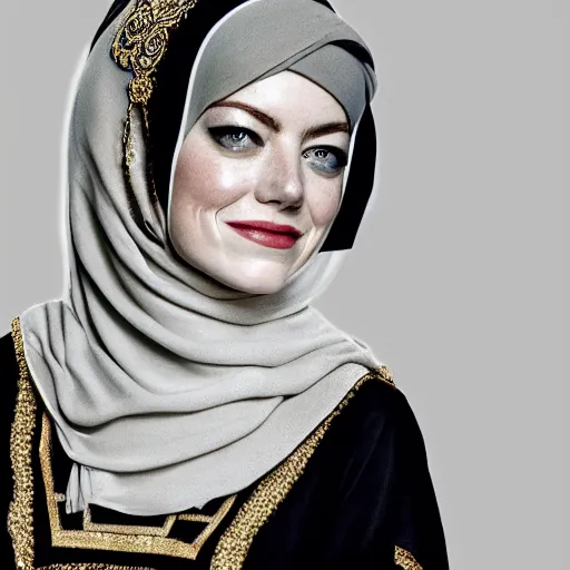 Image similar to A portrait of Emma Stone wearing a Black Arabian abaya , high quality, fully detailed, 4k