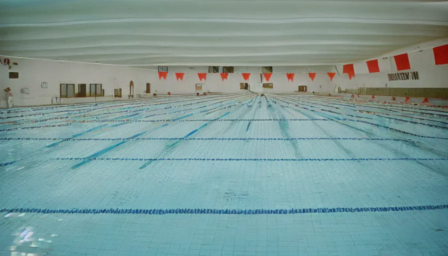 Prompt: 60s movie still of a sovietic stalinist style empty Olympic swimming poil with tiles, cinestill 800t 50mm eastmancolor, liminal Space style, heavy grain-s 150