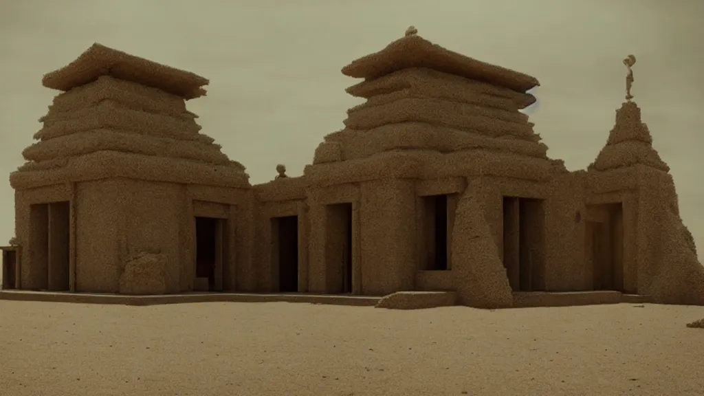 Prompt: the strange temple on the beach, they walk inside, film still from the movie directed by denis villeneuve and david cronenberg with art direction by salvador dali, wide lens